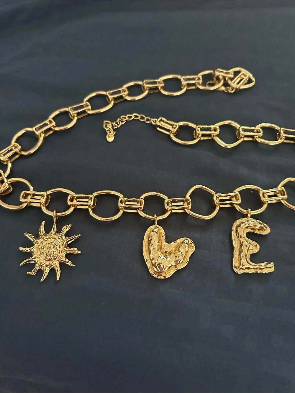 Zara Gold Tone Charm Link Belt with Sun, Heart & Letter Charms